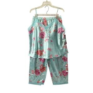 Premier Intimates Pajama Set Women XL 18W Floral Satin Blue Pink Cami Top Capris